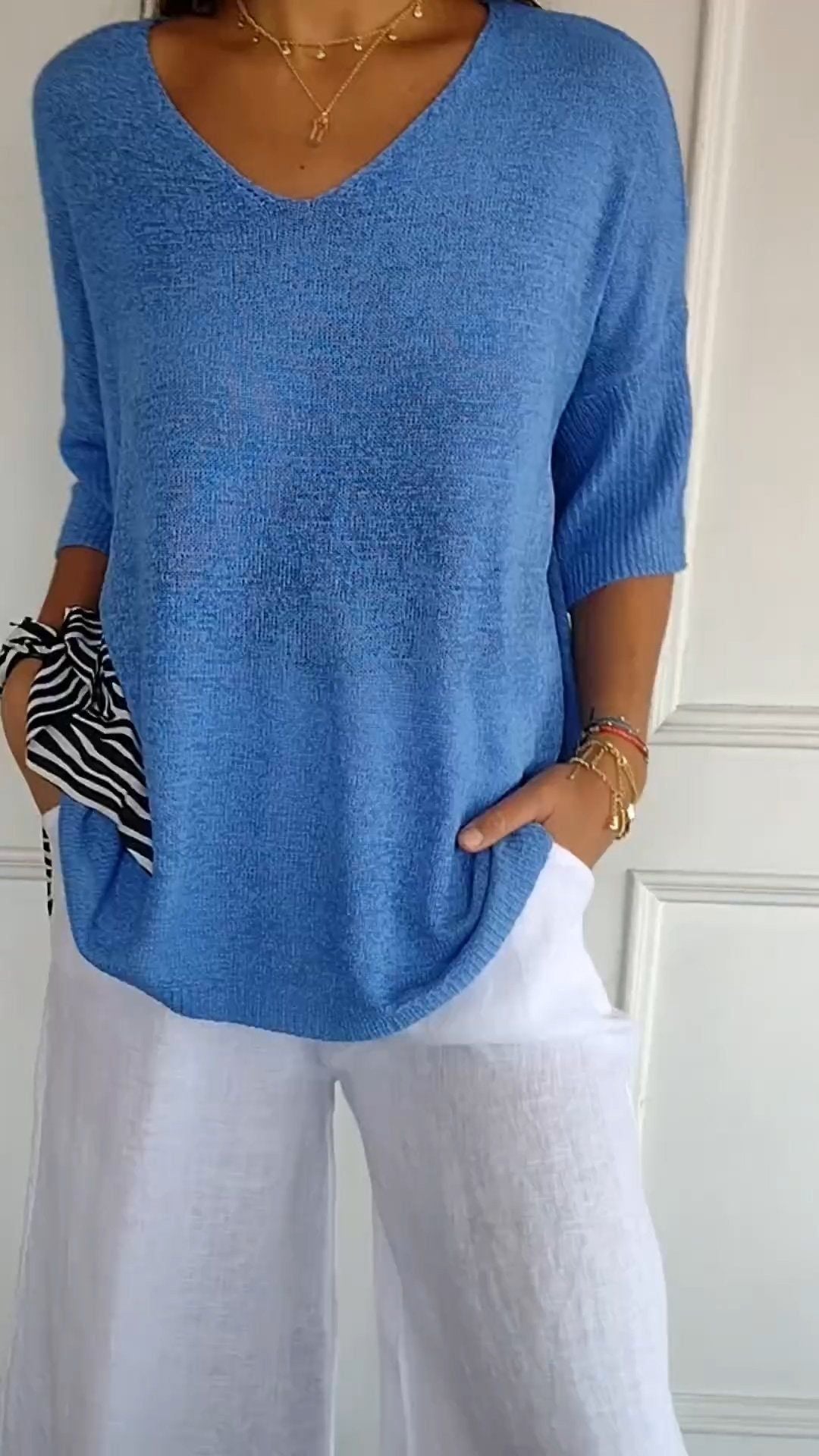 Pull Slim à Manches Longues et Col V pour Femme