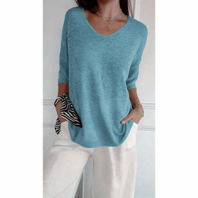 Pull Slim à Manches Longues et Col V pour Femme