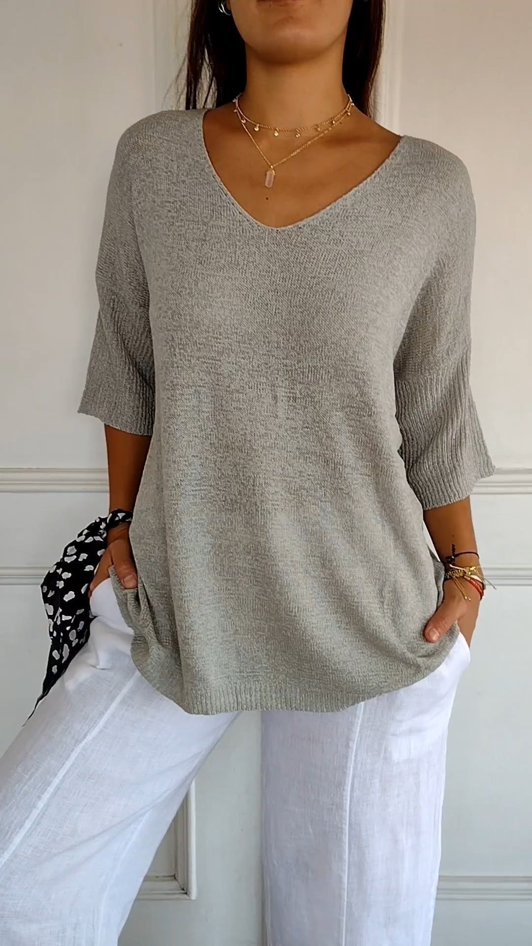 Pull Slim à Manches Longues et Col V pour Femme