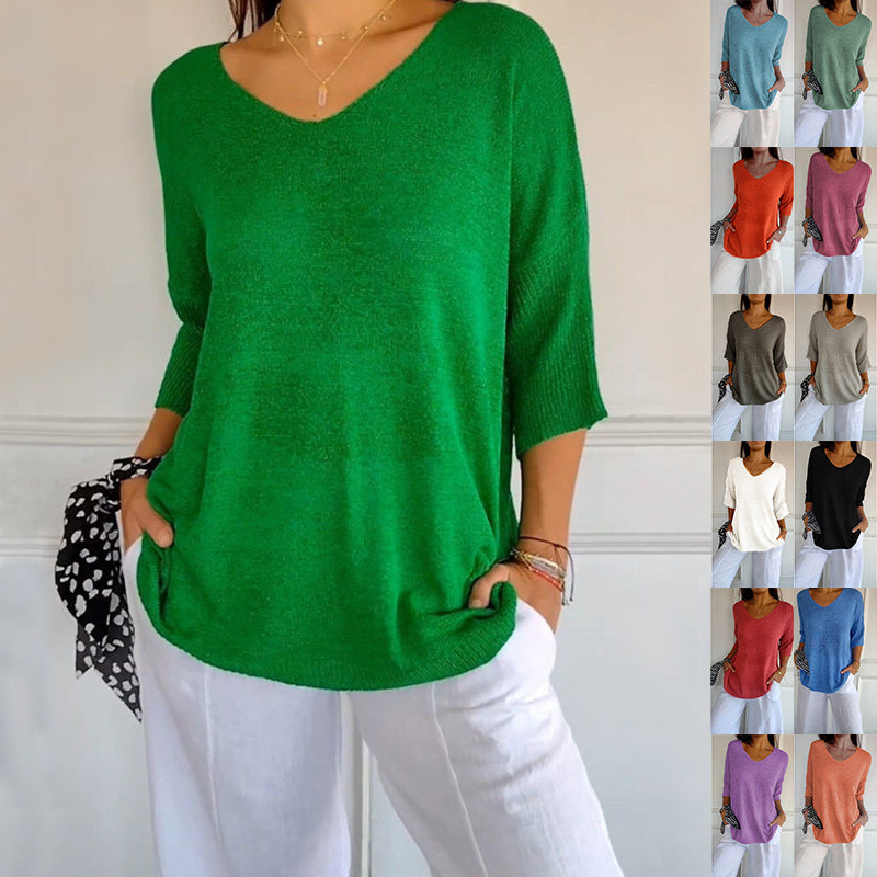 Pull Slim à Manches Longues et Col V pour Femme