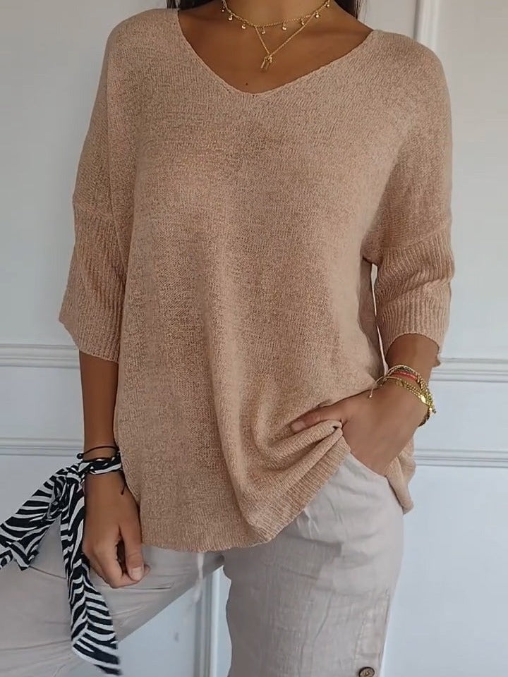 Pull Slim à Manches Longues et Col V pour Femme