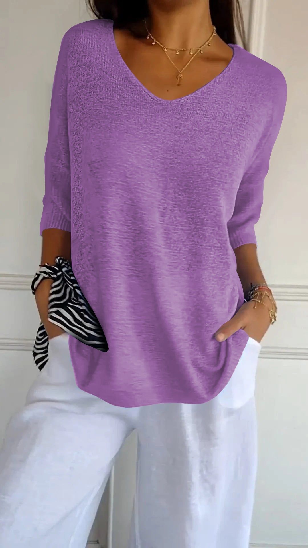 Pull Slim à Manches Longues et Col V pour Femme