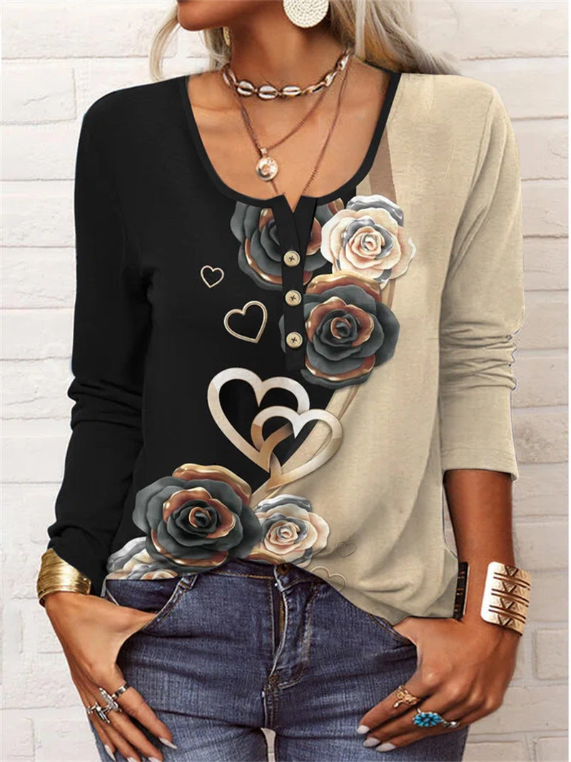 T-shirt Femme Manches Longues Fleuri Géométrique