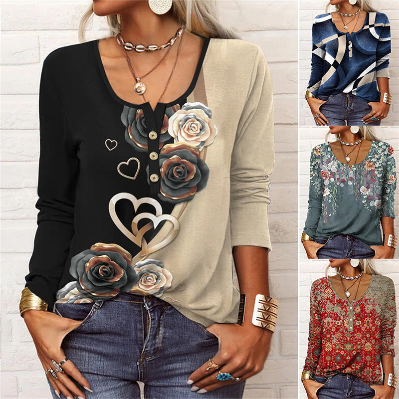 T-shirt Femme Manches Longues Fleuri Géométrique