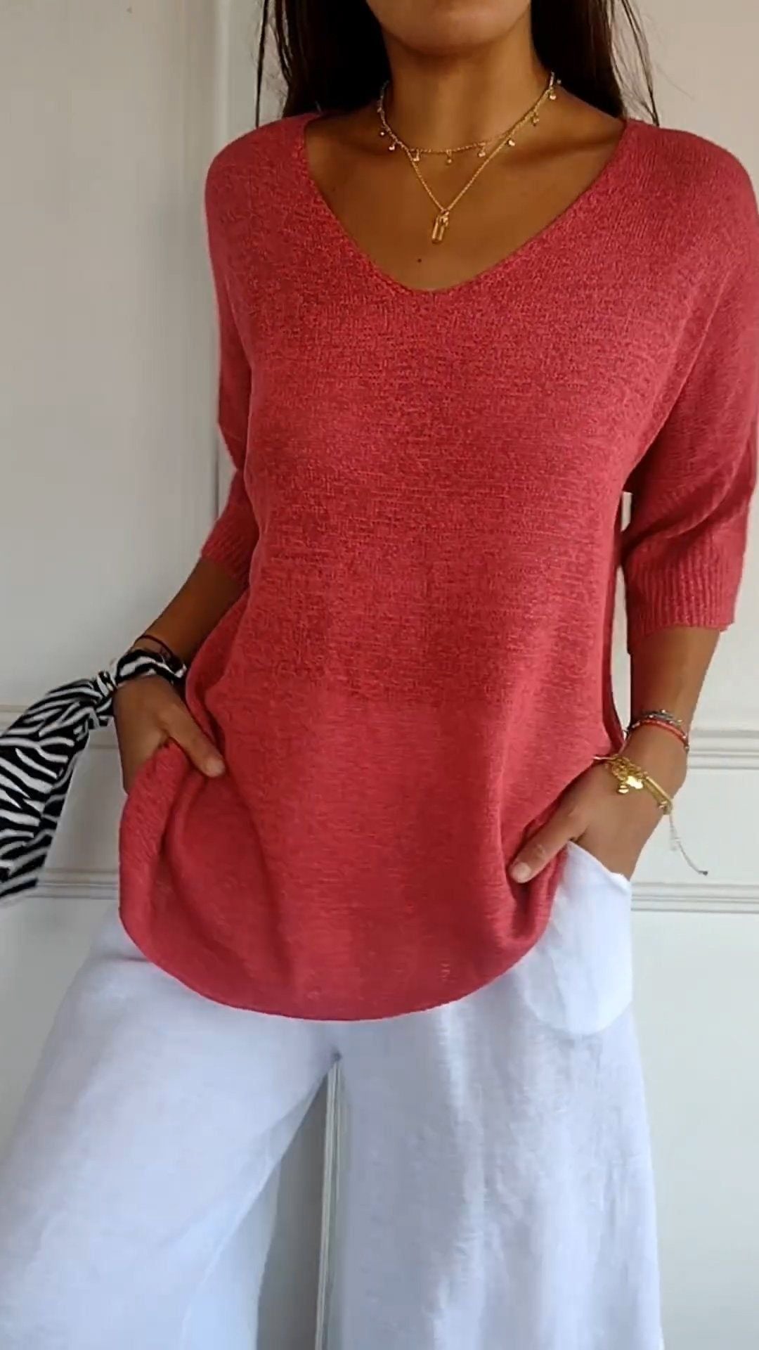 Pull Slim à Manches Longues et Col V pour Femme