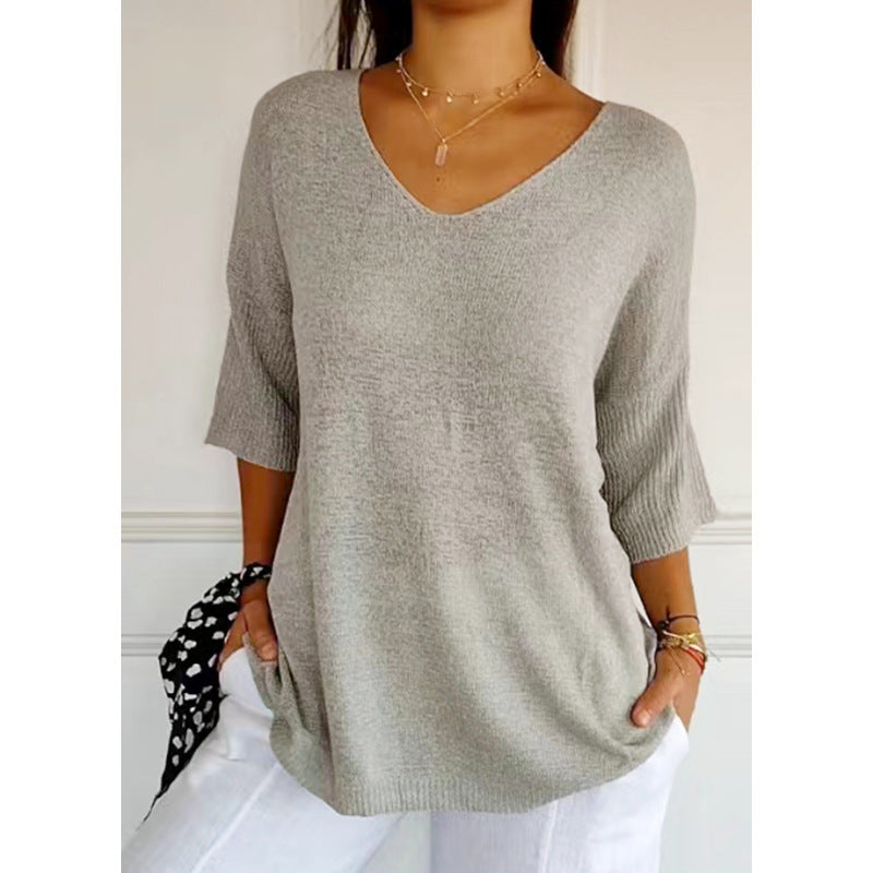 Pull Slim à Manches Longues et Col V pour Femme