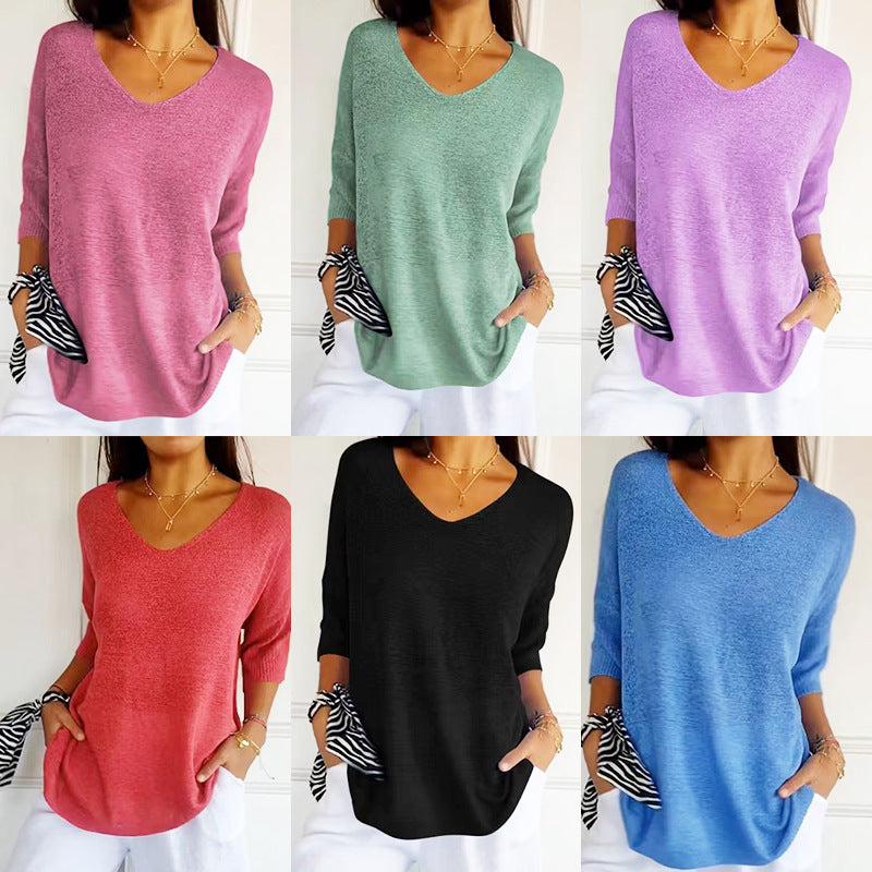 Pull Slim à Manches Longues et Col V pour Femme