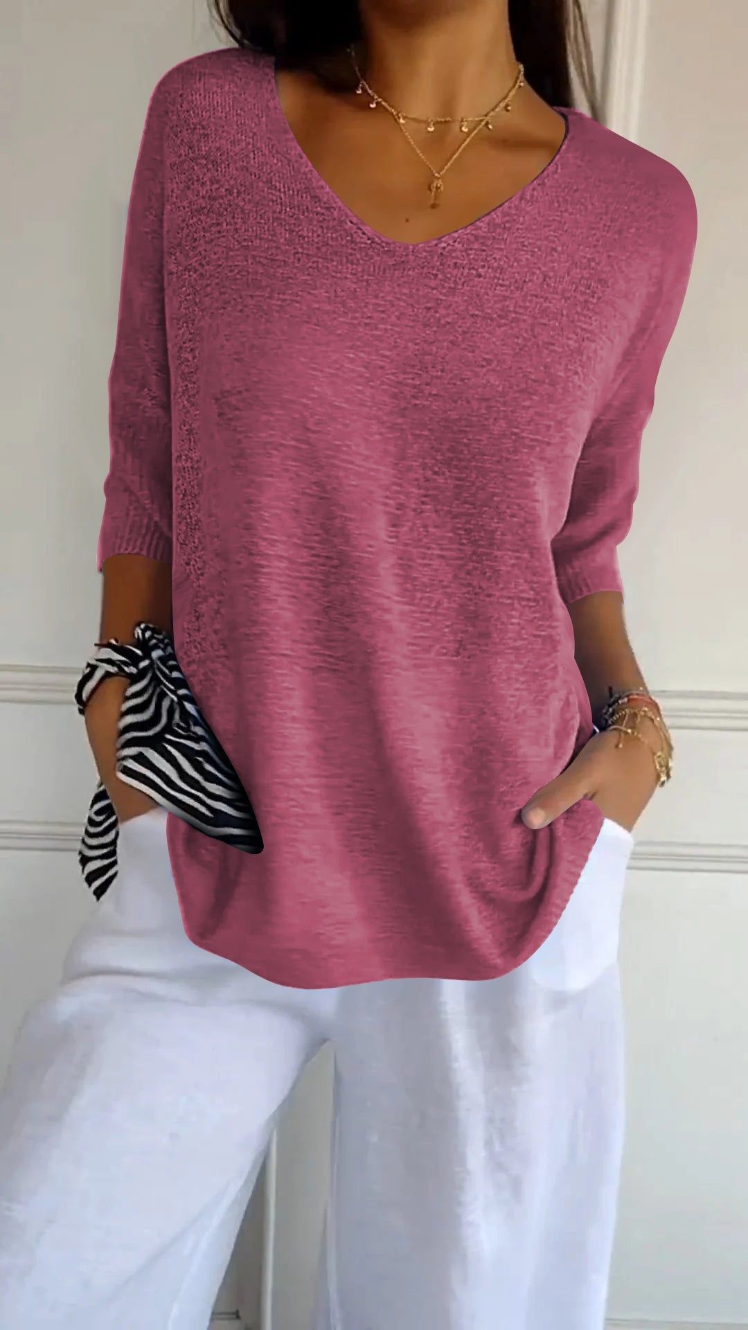 Pull Slim à Manches Longues et Col V pour Femme
