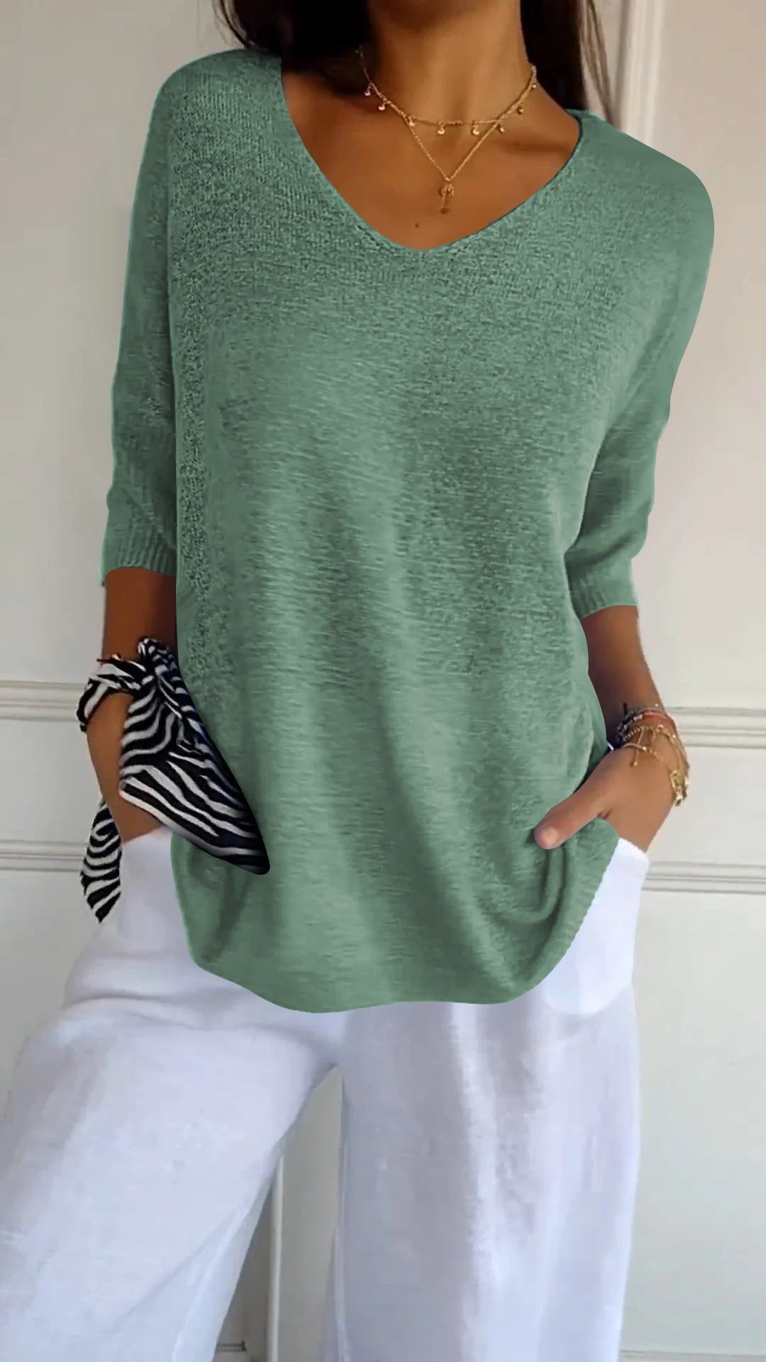 Pull Slim à Manches Longues et Col V pour Femme