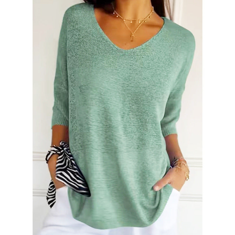Pull Slim à Manches Longues et Col V pour Femme