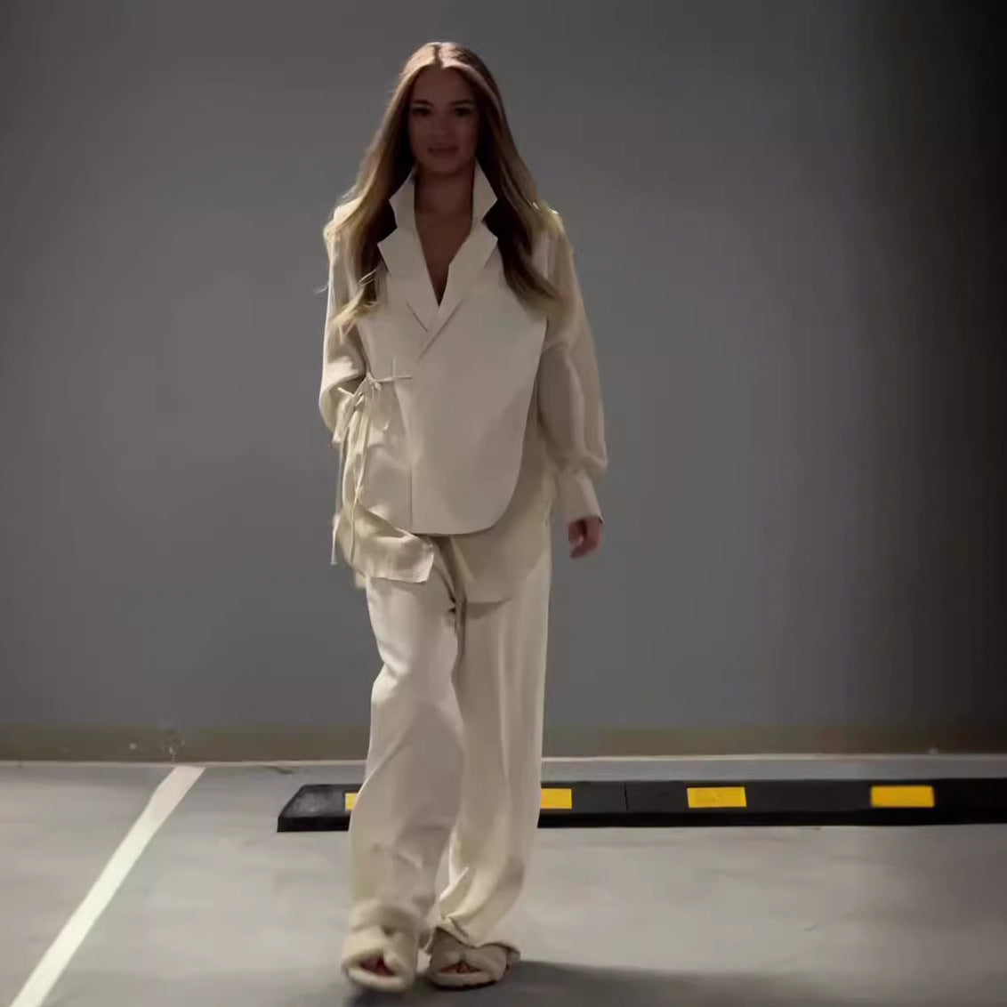 Ensemble Élégant en Chiffon à Patchwork et Pantalon Droit pour Femme