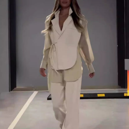 Ensemble Élégant en Chiffon à Patchwork et Pantalon Droit pour Femme