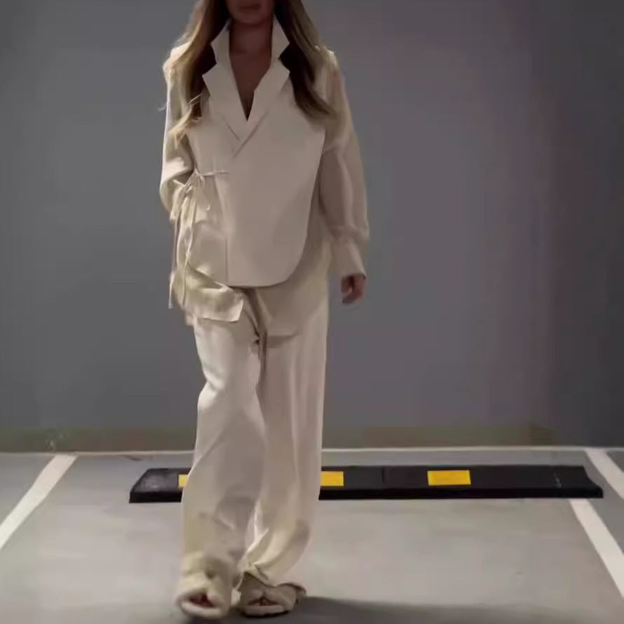 Ensemble Élégant en Chiffon à Patchwork et Pantalon Droit pour Femme