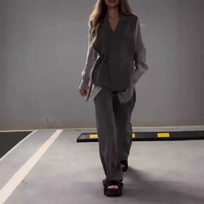 Ensemble Élégant en Chiffon à Patchwork et Pantalon Droit pour Femme