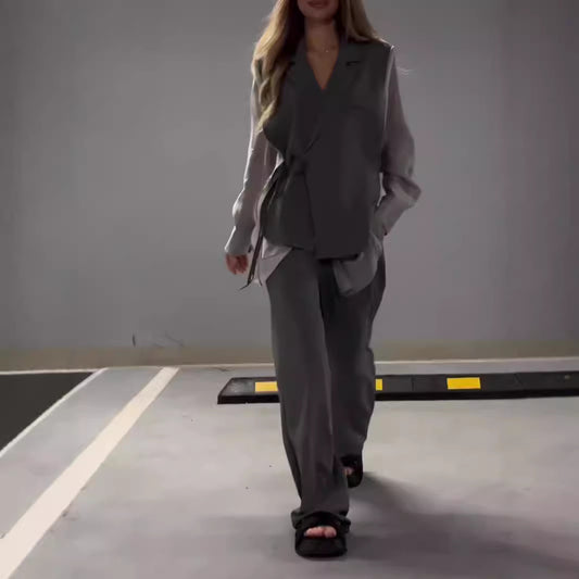Ensemble Élégant en Chiffon à Patchwork et Pantalon Droit pour Femme