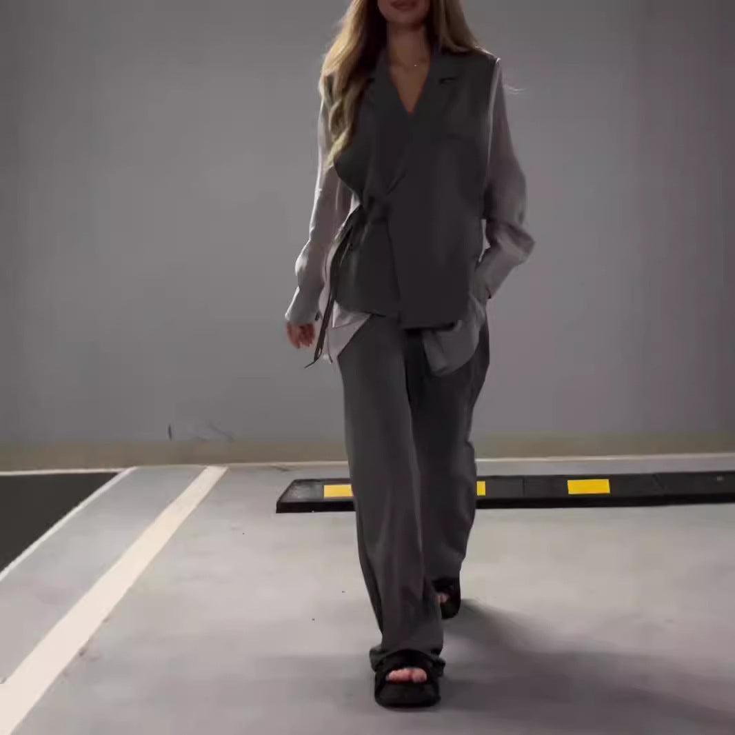 Ensemble Élégant en Chiffon à Patchwork et Pantalon Droit pour Femme
